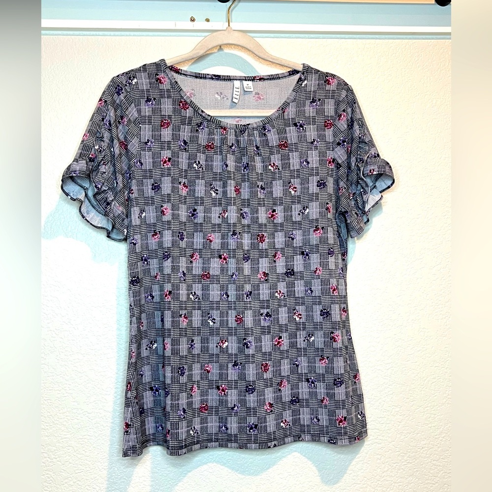 Elle Gray Plaid Top with Floral Accents